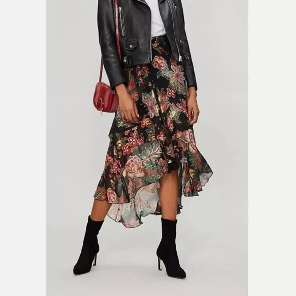 The Kooples Skirt Womens Black Bollywood Flowers Silk Blend Boho Midi